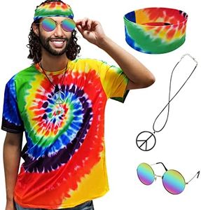 XonyiCos 4 Pieces Hippie Costume Set, Men Momen 60s 70s Colorful T-Shirt Accessories Set for Theme Party (T-shirt 4 piece set, Medium)