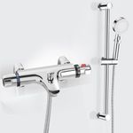 Thermostatic Bath Shower Mixer Tap with Shower Riser Kit, Modern Bath Taps with Shower Set, Include Deck Mounted Thermostatic Bar, Shower Rail, Shower Head, Shower Hose, 38°C Anti Scald, Chrome