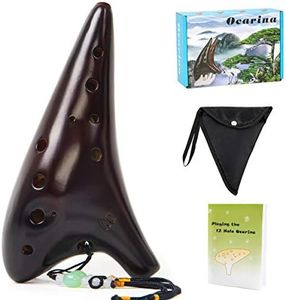 Ocarina,12 Tones Alto C Ceramic Ocarina Musical Instrument with Song Book Neck String Neck Cord Carry Bag Good Gift for Children Adults Beginners (Brown)