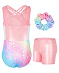 JiAmy 3Pcs Gymnastics Leotards for Girls with Shorts Set, Gymnastics Outfits Accessories, Sleeveless Dance Clothing Suit for Kids Star Print 5-6 Years