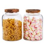 Bekith 2 Pack Large Glass Food Storage Container with Airtight Wooden Lid, 66 FL OZ(1950ml) Glass Food Canister for Kitchen and Pantry Organization, Cereal Dispenser Jars for Spaghetti Pasta, Tea