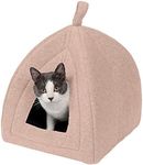 Furhaven Pet Cat Bed - Triangle Hooded Tent House Cave Fleece Dome Lounger Hood Pet Bed for Cats and Small Dogs, Beige Buff, One-Size