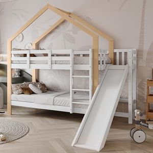 Aunvla Letto a castello con scivolo e scala angolare a tre livelli, letto con protezione anticaduta, letto per bambini, telaio in legno massello bianco+naturale, 90 x 200 cm