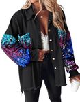 CHICME Womens Oversized Denim Jacket Blingbling Sequin Patchwork Long Sleeve Jacket Top Button Front Raw Hem Shacket-S