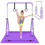 Gymnastics Bars with Rings, Expandable Horizontal Bar Adjustable Height Folding Training Monkey Kip Bars, Junior Training Bar Gymnastics Equipment for Kids Home Gym (Purple+Mat)