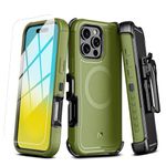 M MYBAT PRO Maverick Series iPhone 16 Pro Max Case with Belt Clip Holster,[Compatible with Magsafe] w/ Screen Protector ,Anti-Drop,Shockproof,360°Rotating Kickstand,Heavy Duty Protection Army Green