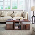 THANGLALA Sheesham Wood Coffee Table with 2 Stools Teapoy Table Wooden Centre Table for Living Room Home Office (Walnut Finish)