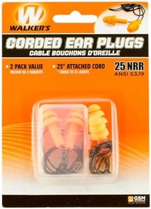 Walker's 25dB NRR Noise-Reducing ANSI S3.19 Hearing Protection Shooting Hunting Work Soft Comfortable 23" PVC Corded Rubber Earplugs, 2 Pairs & Carrying Case