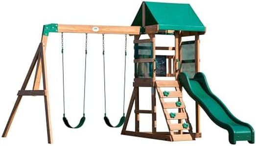 Backyard Discovery Buckley Hill Wooden Swing Set, Made for Small Yards and Younger Children, Two Belt Swings, Covered Mesh Fort with Canopy, Rock Climber Wall, 6 ft Slide Green