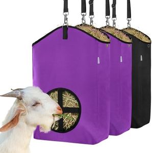MIYABALA 3 Packs Goat Hay Feeder,Hay Bags for Goats,Horses,Sheep,Premium 600D Oxford Cloth,with Metal Fastener and Adjustable Open Feed Hole for Slow Feeding. (2Purple + 1Black)