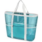 F-color Mesh Beach Bag Family - Beach Tote Bag 9 Pockets Beach Towel Bag, XL, Mint Green Basic Handle, X-Large, Water-resistant Bottom, Packable Design