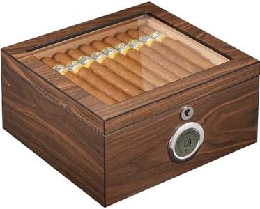 Flauno Cigar Humidor, Cedar Wood Desktop Humidor with Lock, Accurate Digital Hygrometer, Glass Top Humidor Cigar Box with Tray, Humidifier, Divider, Holds 40-60 Cigars, Gift for Cigar Lovers