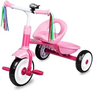 Liberry Toddler Tricycle Age 2 3 4 Years Old, Kids Trike with Bell, Back Basket and Removable Pedal, 3 Wheel Bike Birthday Toys Gift for Boys Girls, Pink