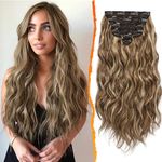 BARSDAR Clip in Hair Extensions, 20 Inch Long Wavy Highlight Hair Extensions Clip ins 6PCs Full Head Thick Synthetic Clip in Hairpieces for Women- Medium Brown & Blonde