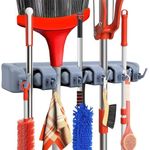 Dargoba Polypropylene Broom Holder Wall Mounted,Mop Holder For Wall,Broom Stick Holder Wall Mounted Stand,Storage Broomstick Brush Mount Organizer With Hanger Hooks(5 Slot 6 Hooks)- Grey