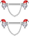 OUFER 2PCS Christmas Nipple Rings, Nipple Piercing Jewelry Surgical Steel, Santa Hat Chain Nipple Jewelry, Clear CZ Nipple Rings for Women Sexy