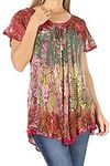 Sakkas 14783 - Dina Relaxed Fit Sequin Tie Dye Embroidery Cap Sleeves Blouse/Top - Brown - OS