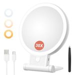 Auxmir 1X/ 30X Magnifying Mirror with Light, Double Sided Makeup Mirror with Adjustable Folding Handle, Lighted Vanity Mirror with Tweezer, Portable Tabletop Mirror for Travel Home