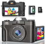 4K Digital Camera for Photography and Video - 56MP Digital Point & Shoot Camera with Flip Screen, Ultra HD Vlogging Camera for YouTube, 32G Card 16X Zoom, Vintage Compact Cameras for Boys Girls Teens