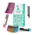 URAQT Hair Brush, 2 Pcs Boar Bristle Paddle Hairbrush with Tail Comb, Soft Massage Vent Brush for Men Women, Detangle Hair Brush for Long Thick Curly Hair, Reducing Hair Breakage (Gradient & Pink)