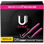 U by Kotex Click Compact Tampons, Regular Absorbency, Unscented, 128 Count (8 x 16)