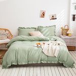 Herside Green Duvet Cover Set Double Ruffle Bedding Solid Ruffled Fringed Soft Microfibre Boho Bedding Sets 1 Quilt Cover 2 Pillowcases (Sage Green,Double)