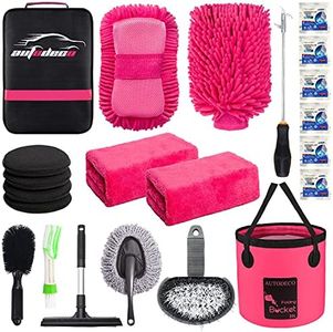 AUTODECO 22Pcs Car Wash Cleaning Tools Kit Car Detailing Set with Canvas Bag Pink Collapsible Bucket Wash Mitt Sponge Towels Tire Brush Window Scraper Duster Complete Interior Car Care Kit