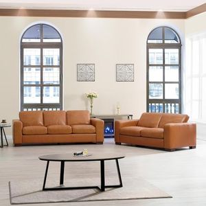 Naomi Home Freya Genuine Leather Sofa for Living Room, Bedroom - Loveseat, Sofa - Luxurious Comfort, Goose Feather Cushion Filling, Square Arm Design, Sturdy Block Legs, Elegant, Tan