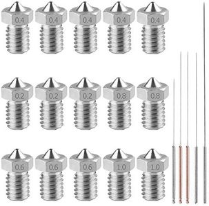 AFUNTA 15PCS M63D Printer Stainless Steel Nozzles Print HeadsExtruderCompatible1.75mm E3D Makerbot&ANET A8&Creality CR-10, 5 Sizes (0.2/0.4/0.6/0.8/1.0mm) + 5 Sizes Cleaning Needles