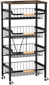 5-Tier Rolling Storage Cart with Wheels, Large Capacity Kitchen Cart, Mobile Utility Cart with Wooden Tabletop and Mesh Baskets, Bathroom, Laundry Room