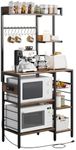 GarveeHome Kitchen Rack with Led Lights, Power Outlet, and Wire Basket, Microwave Stand with 10 S-shaped Hooks, Utility Storage Shelf Rack, X Designed, Bakers Rack for Spices, Spices, Pots, Brown