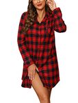 ENJOYNIGHT Women's Sleep Shirt Flannel Print Pajama Top Button-Front Nightshirt(Small,Navy Red)