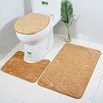 Aisaving 3pcs Non Slip Bath Mat Set Super Soft Pedestal and Bath Rug Memory Foam Bath Shower Mat Quick Drying Bathroom Mat Carpet,U-Shaped Contour Mat and Toilet Seat Cover (Gold Shell)