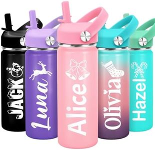 Personalized Kids Water Bottle with Name, Back to School Gifts for Boys Girls, 18oz Custom Cup with Straw, Customized Cup with 50+ Icons & 12 Colors, Christmas Birthday Gifts (Engraved Christmas)