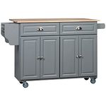 HOMCOM Rolling Kitchen Island with Drop Leaf, Solid Wood Top Breakfast Nook, Kitchen Cart on Wheels with Drawers, Cabinets and Adjustable Shelves (Grey)