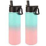 Volhoply Insulated Water Bottles with Straw Bulk 2 Pack, 22 oz Stainless Steel Sport Bottle with Handle Lid,Metal Travel Water Thermos with Wide Mouth,Reusable Water Flask for School(Green Pink,2 Set)