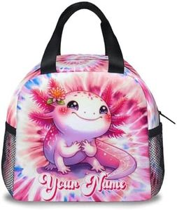 UNIKITTY Personalized Girls Lunch Bag with Custom Name; 8L Insulated Reusable Axolotl Lunch Box for School & Daycare