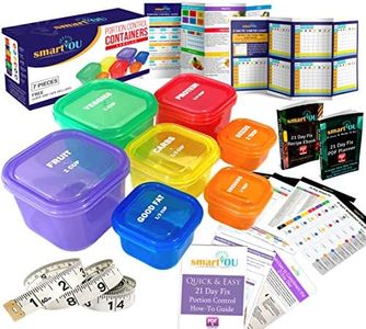 smartYOU Premium Labeled 7 Piece Portion Control Containers Kit (Complete Guide + Free 21 Day PDF Planner + Recipe E-Book + Body Tape Measure Included) - Leak Proof Perfect Size Color-Coded