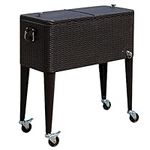 Outsunny 80 Quart Rattan Rolling Cooler Cart Portable Patio Ice Beer Beverage Cooling Bin for Outdoor Party w/Bottle Opener, Brown Wicker