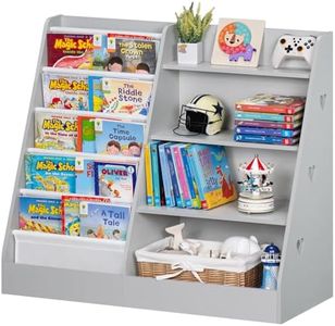 Lerliuo 4 Tier Kids Bookshelf and Storage Organizer, Five Layer Sling Children Bookcase, Baby Toddler Wooden Book Shelf, Display Cabinet for Playroom, Bedroom, Classroom, Nursery, School (Grey)