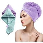 MAXOSHINE Hair Towel Wrap for Women-Quick Drying Microfiber Towel for Hair with Elastic Loop for Tying-Super Absorbent Head Towels Wrap for Ladies Hair Turban (Pack of 1-Assorted-Purple/Green)