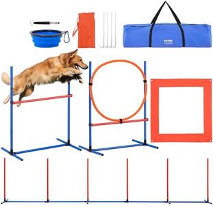 VEVOR Dog Agility Training Equipment, 4 PCS Set with Adjustable High Hurdles,6 Weave Poles,Jump Ring,Square Pause Box,Whistle,Foldable Bowl, Puppy Obstacle Course Kit for Backyard, Indoor, Outdoor