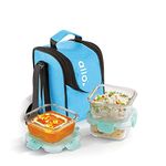 Allo FoodSafe Glass Lunch Box with Break Free Detachable Lock, Oven & Microwave Safe, Borosilicate Glass Container, Office Tiffin with Sky Blue Bag, Set of 3, 310ml, Square