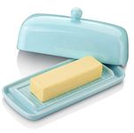 Nucookery Ceramic Butter Dish with Lid | Raised Legs and Non-Slip Strip Design | Porcelain Health | Dishwasher Safe, Lake Blue