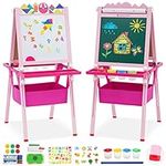 Kids Wooden Adjustable Standing Easel with Paper Roll&Painting Accessories,Double-Sided Magnetic kid's Easel with Whiteboard & Blackboard and Puzzle Tangram Toys Gift for Toddler