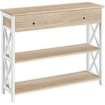 Yaheetech Oak Console Table, Narrow Hallway Table with Drawer and 2 Storage Shelves, Versatile Entryway Table for Living Room Entrance and Corridor, Sturdy and Easy Assembly, 100x29.5x80.5cm