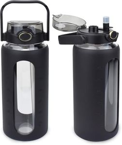 1800milliliter Glass Water Bottle with Silicone Sleeve, Half Gallon Water Bottle with 2 IN 1 Lid and Straw, 2L Large Glass Water Jug for Sports Gym Workout White (Black)