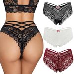 Women's Sexy Floral Lace Panties Criss Cross Back Bikini Briefs Low Rise Cheeky Underwear Hollow Out Knickers Soft Stretchy Hipster Cute Thong (UK, Alpha, S, Regular, Regular, Black+White+Burgundy)