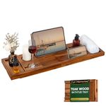 Teak Bathtub Tray - Luxury Bath Tray with Expandable Handles, Wine Glass and Phone Holders, Book Stand - Perfect for Home Spa Relaxation and Reading - Natural Bath Accessories - Light Walnut Color