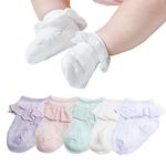 Epeius 5 Pack Baby-Girls Eyelet Frilly Lace Socks Newborn Princess Ankle Socks for 0-3 Months,Bow Pattern,White/Off White/Pink/Purple/Green,Shoe Size 0-1